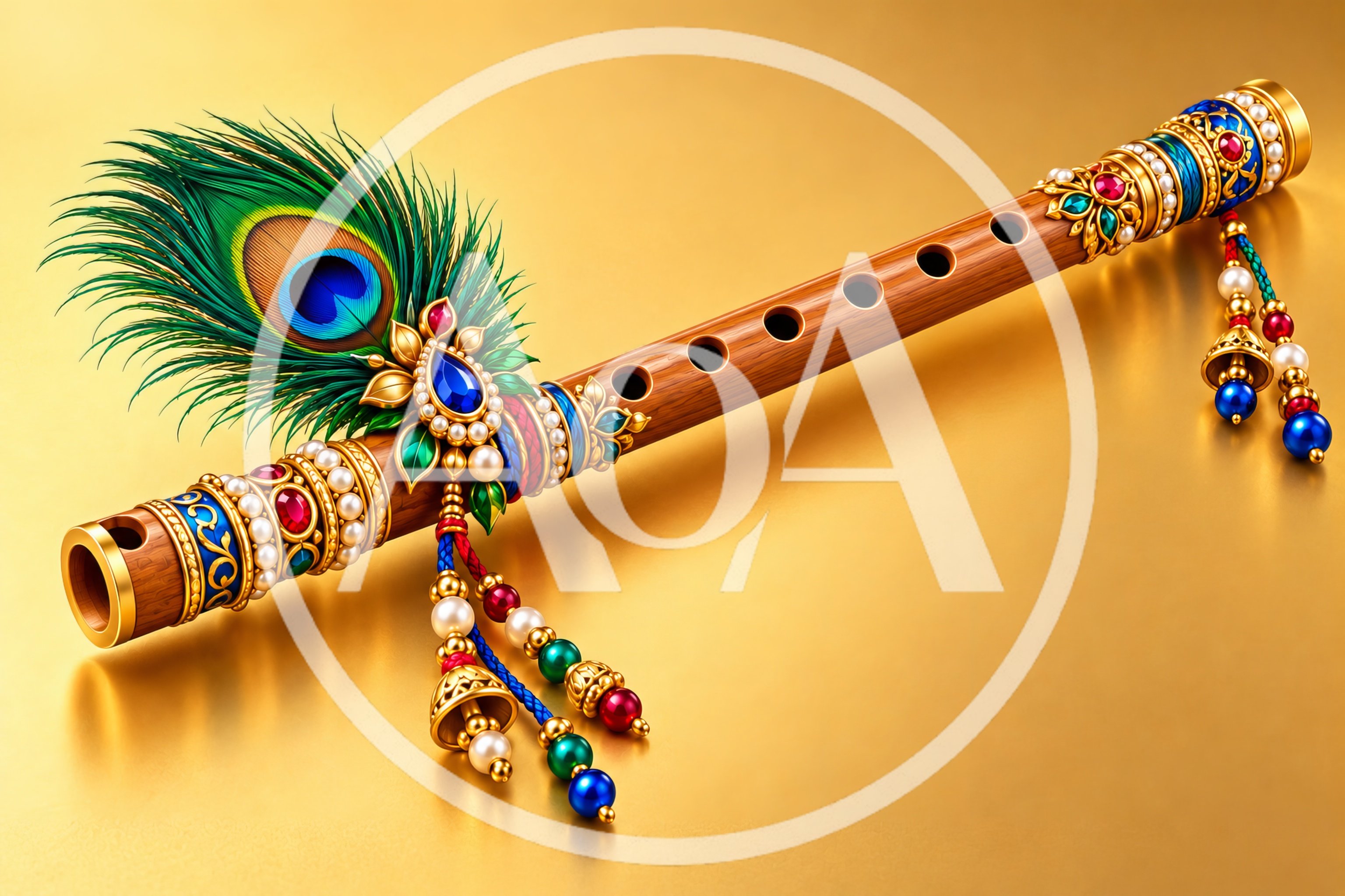 Ornate Wooden Flute With Peacock Feather And Jewels