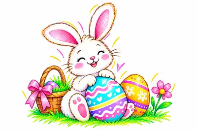 Cute Easter Bunny With Decorated Eggs And Basket