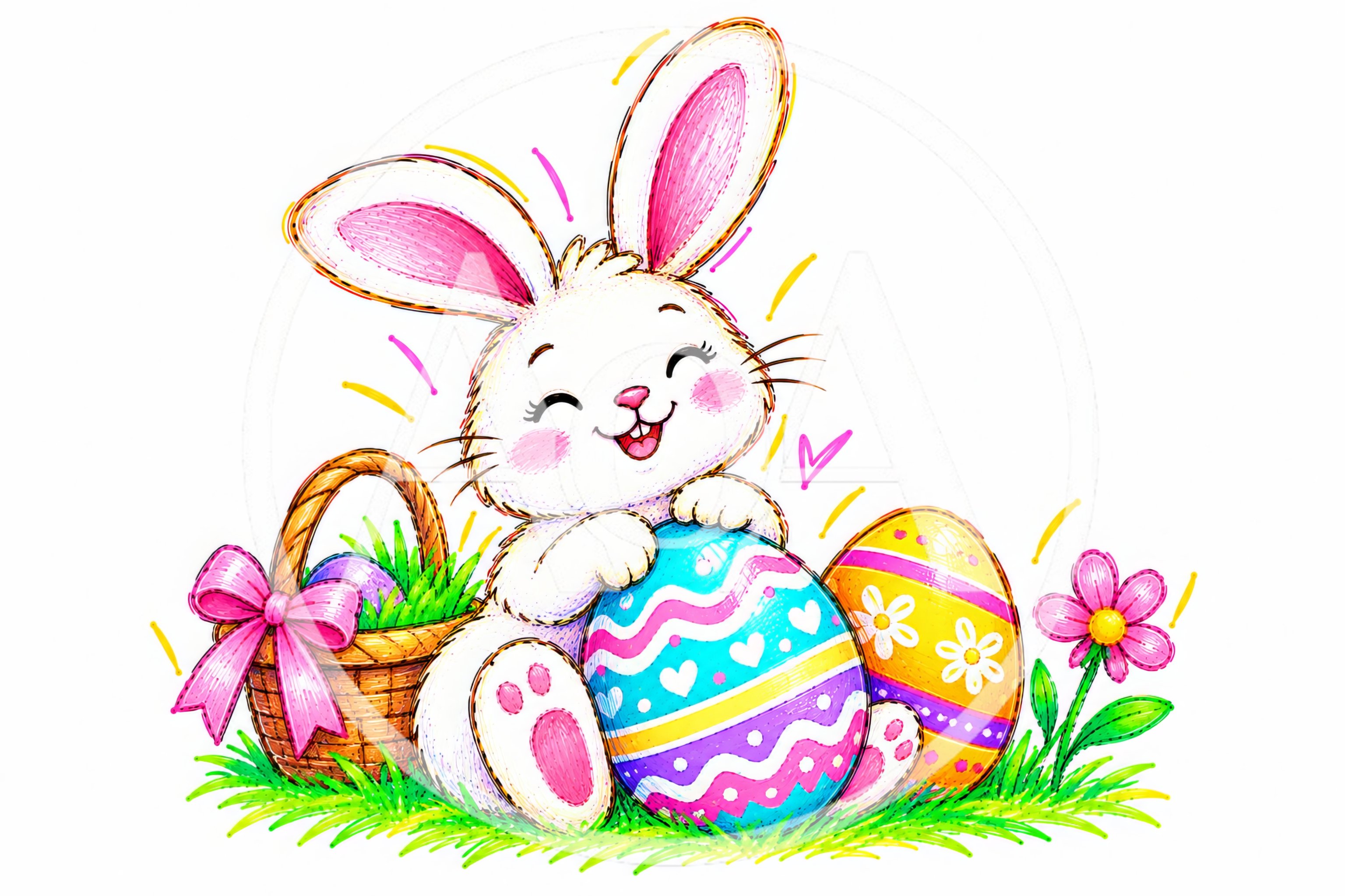 Cute Easter Bunny With Decorated Eggs And Basket