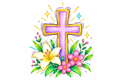 Easter Cross Illustration With Lilies And Flowers