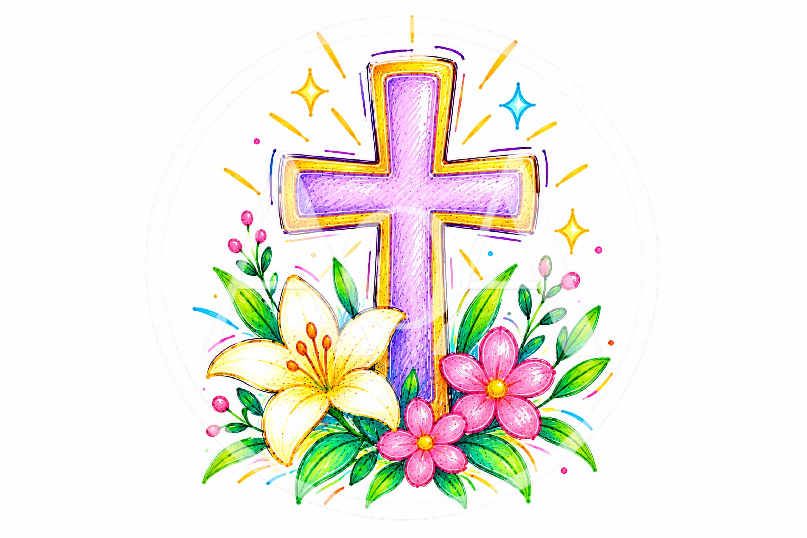 Easter Cross Illustration With Lilies And Flowers
