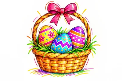 Easter Basket With Decorated Eggs And Pink Bow