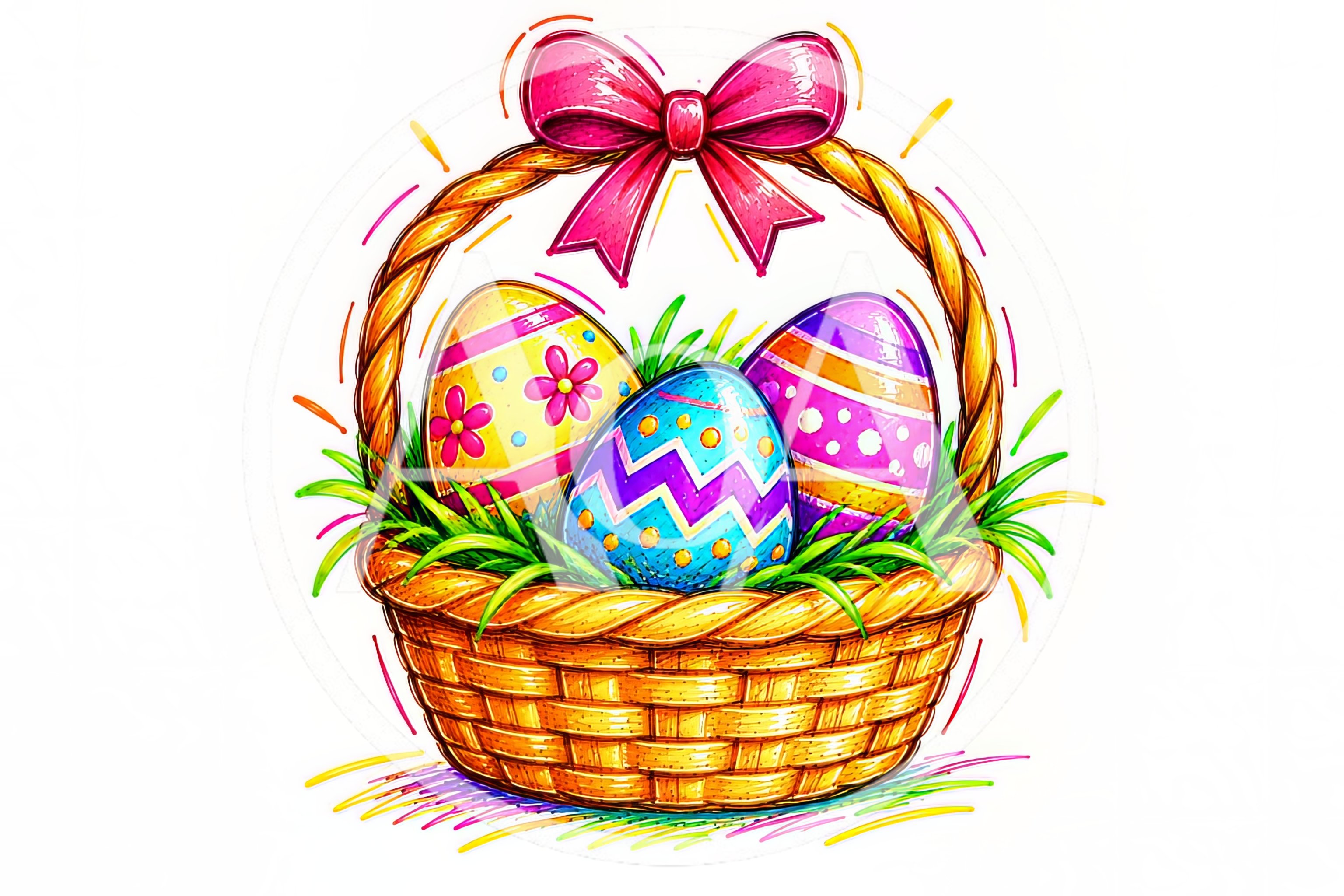 Easter Basket With Decorated Eggs And Pink Bow