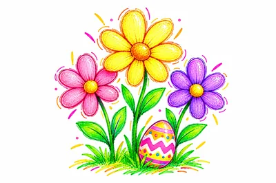 Colorful Hand Drawn Easter Flowers And Decorated Egg