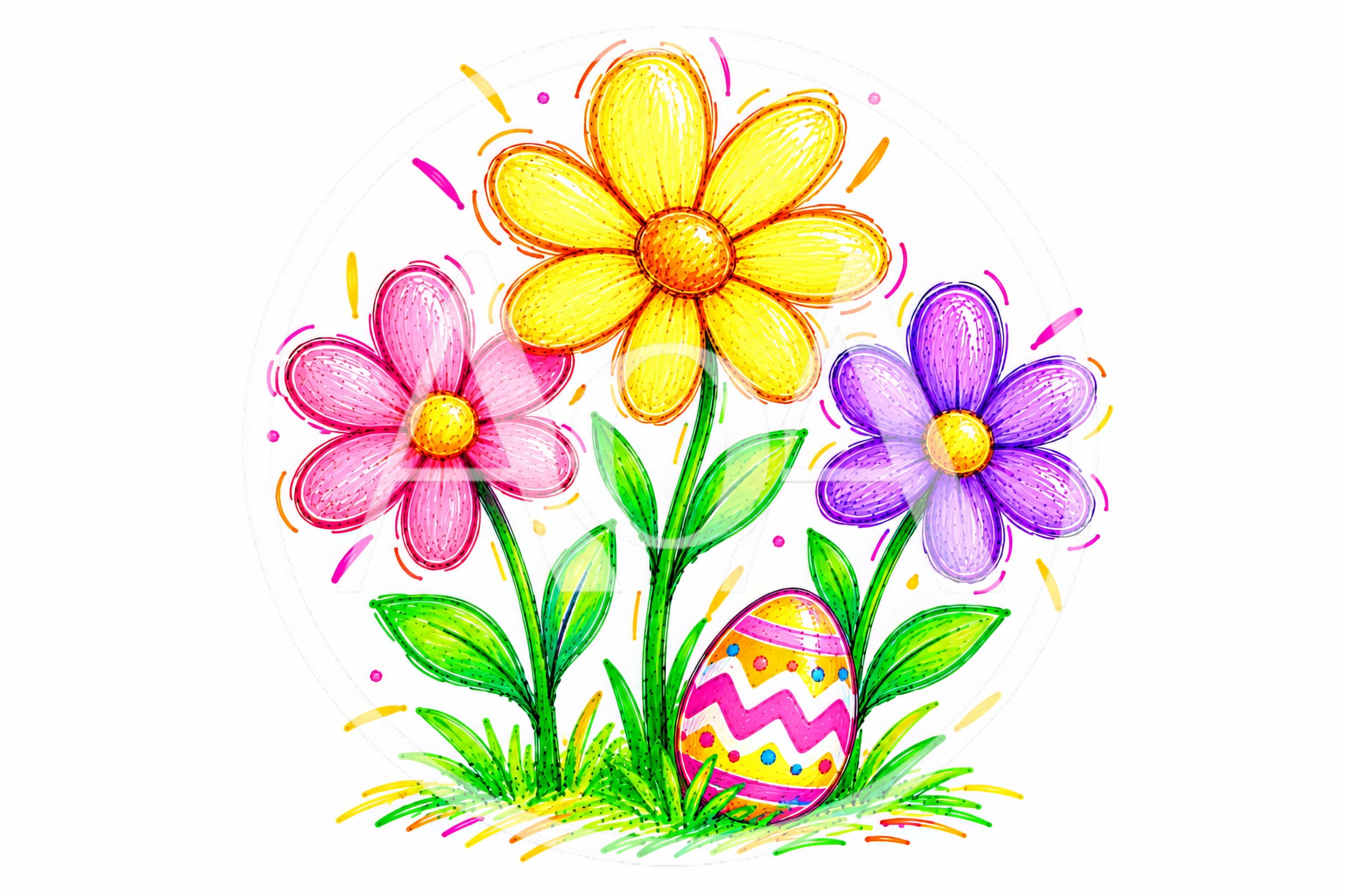 Colorful Hand Drawn Easter Flowers And Decorated Egg