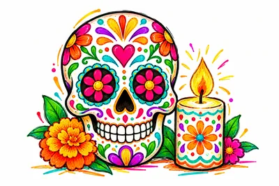 Day of the Dead Sugar Skull and Candle Illustration