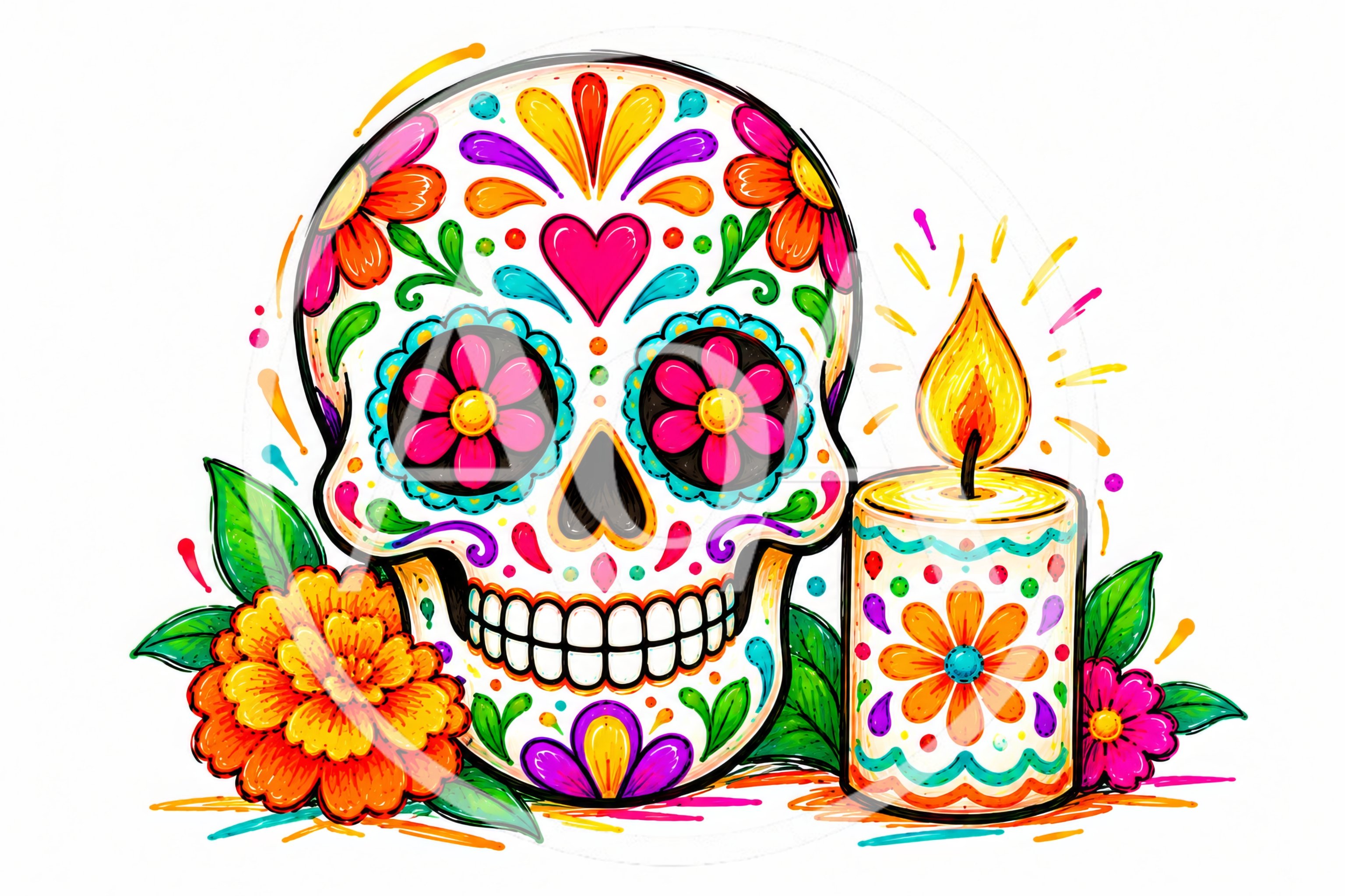 Day of the Dead Sugar Skull and Candle Illustration