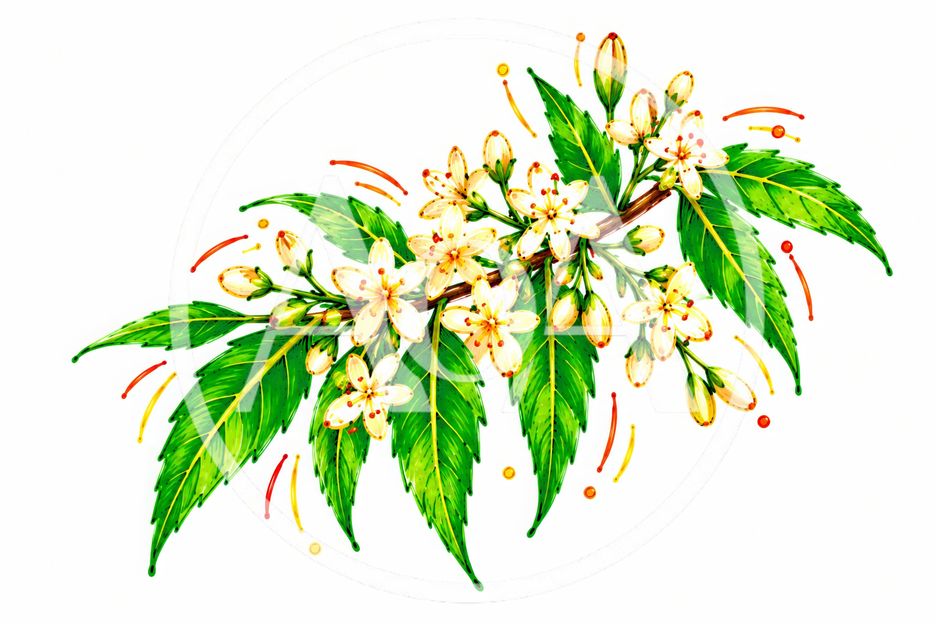 Neem Branch With Flowers And Green Leaves Illustration