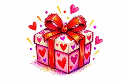 Hand Drawn Gift Box With Hearts Illustration