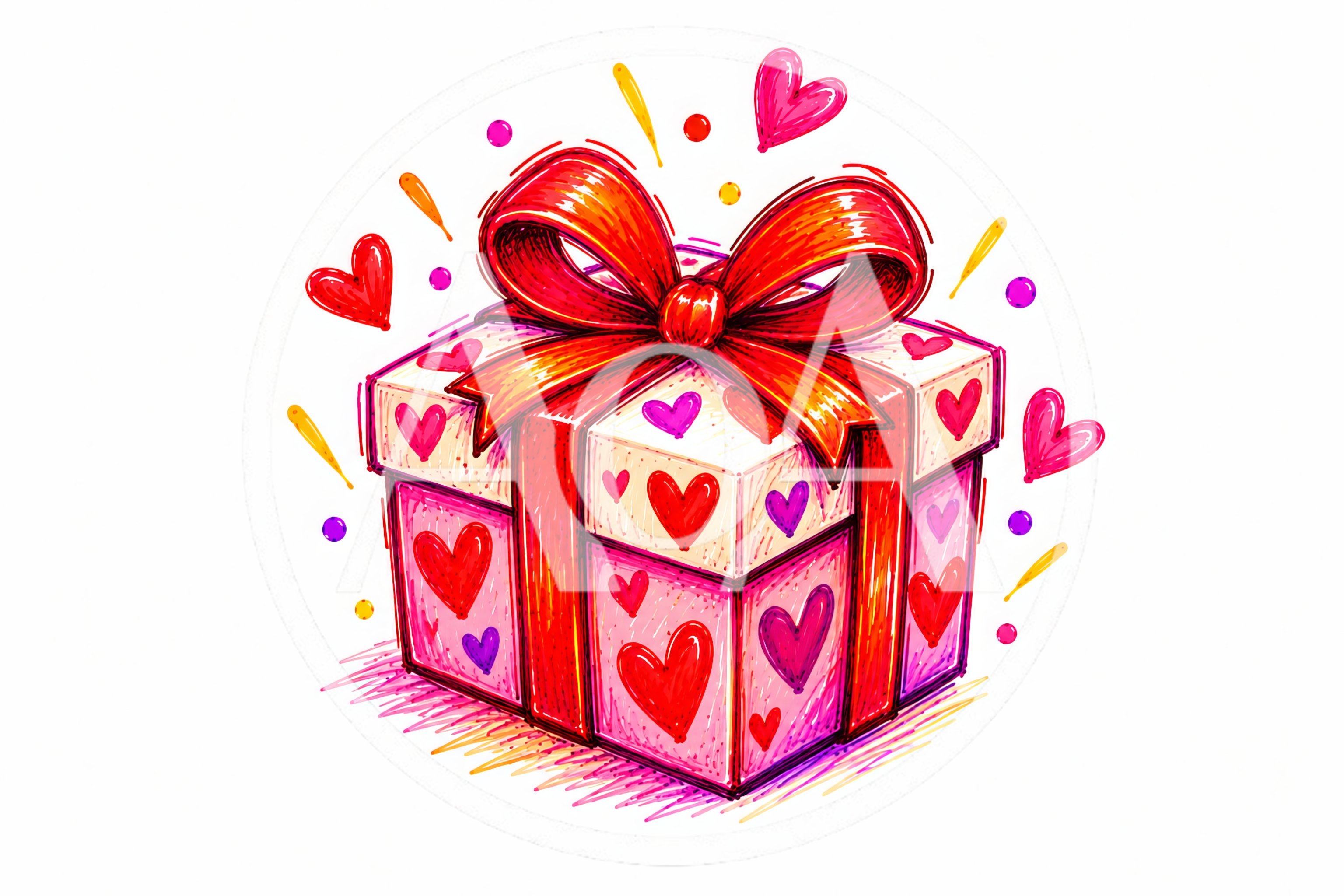 Hand Drawn Gift Box With Hearts Illustration