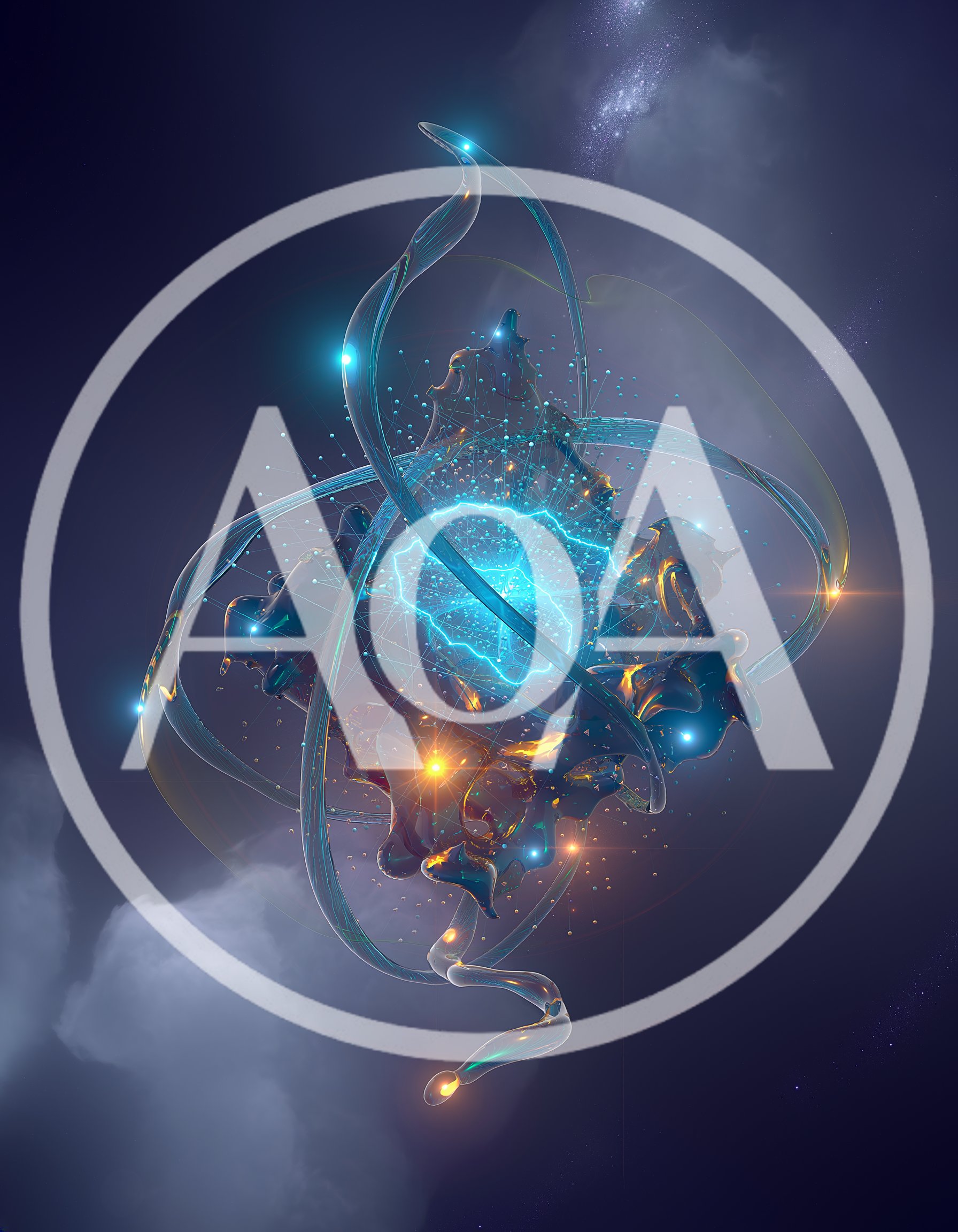 Abstract Digital Atom Model With Glowing Energy Core