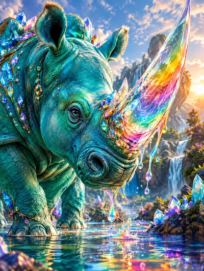 Fantasy Crystal Rhino Standing In A Magical Waterfall Landscape