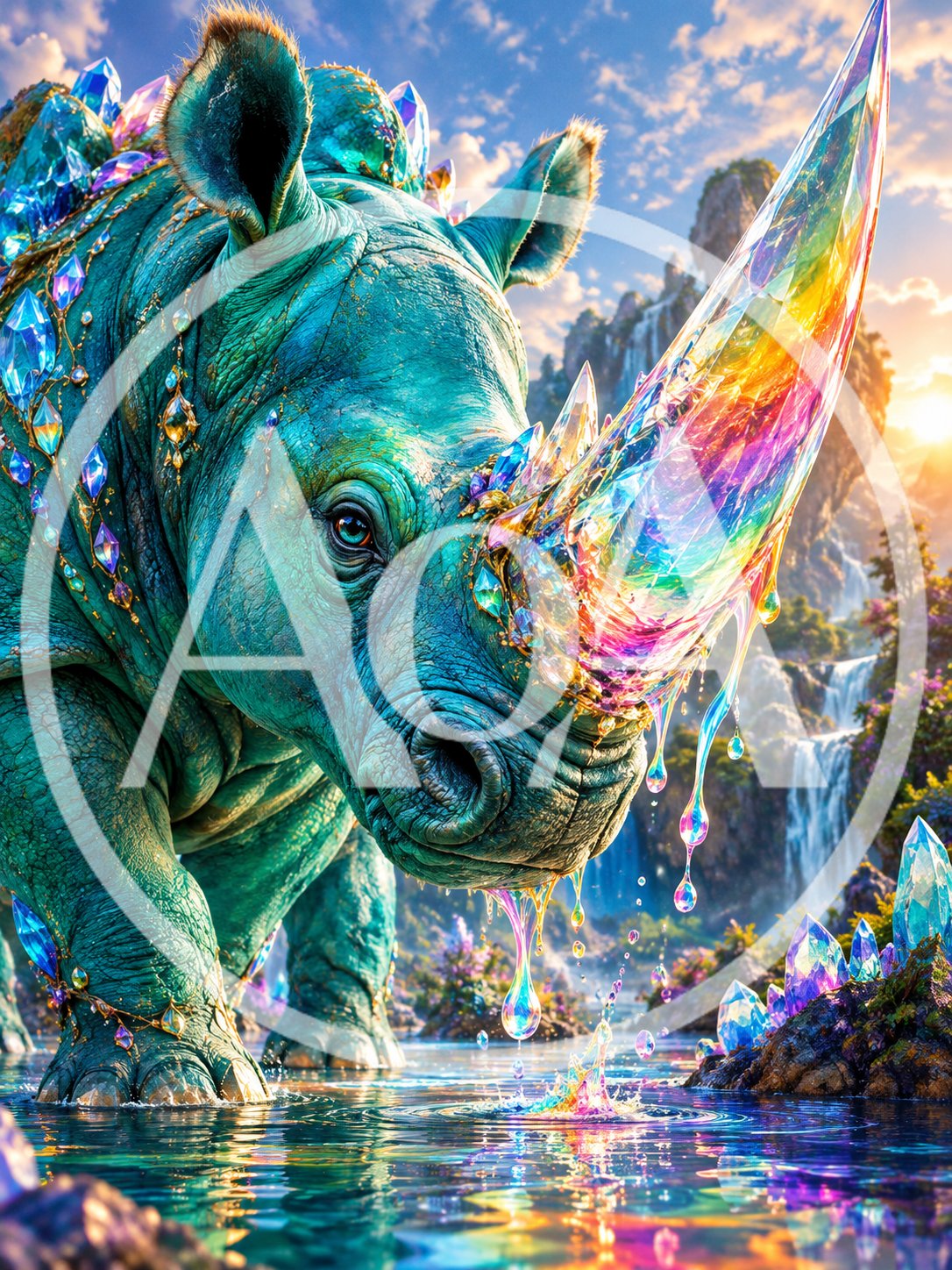 Fantasy Crystal Rhino Standing In A Magical Waterfall Landscape