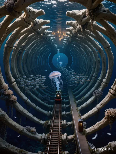Surreal Underwater Train Traveling Through Giant Whale Ribcage