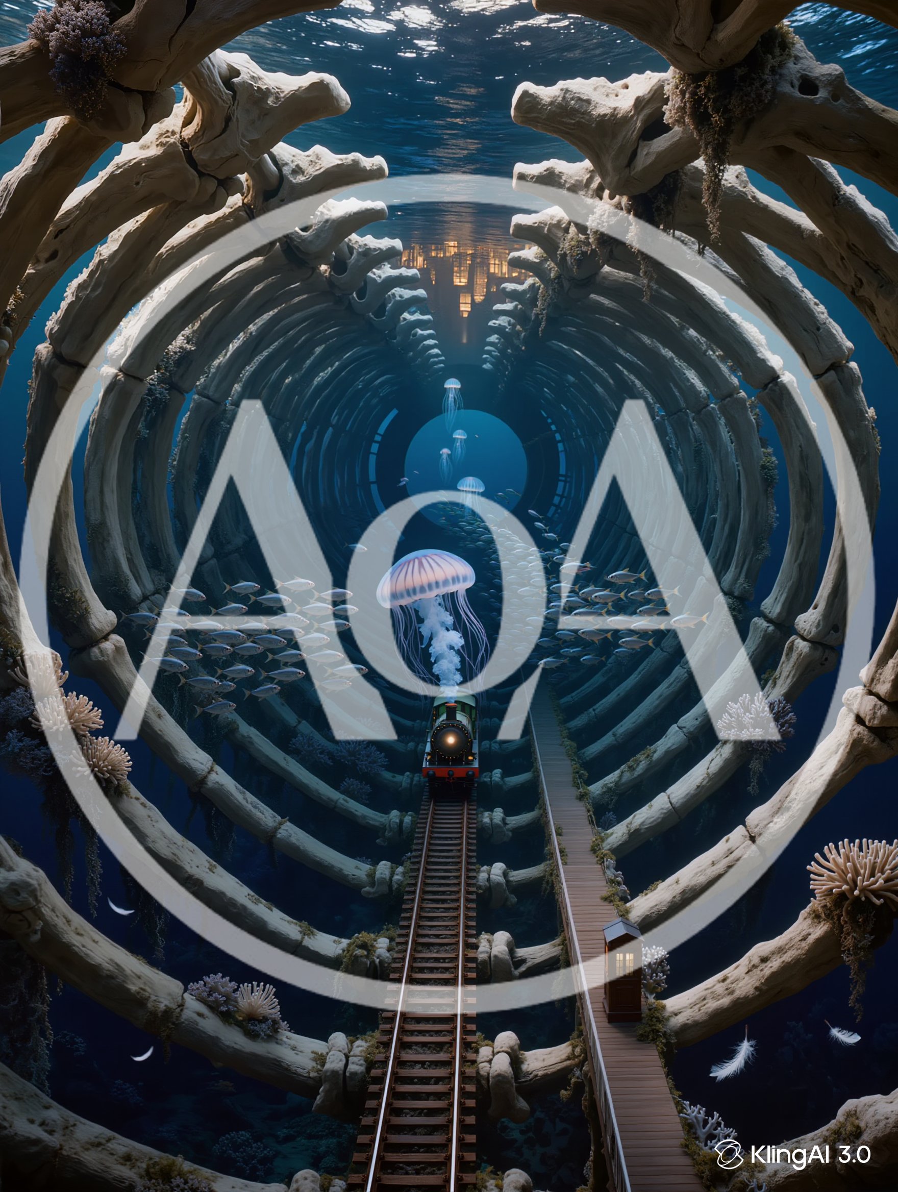 Surreal Underwater Train Traveling Through Giant Whale Ribcage