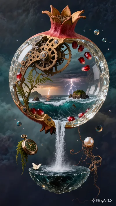 Surreal Pomegranate Clockwork Ocean Landscape