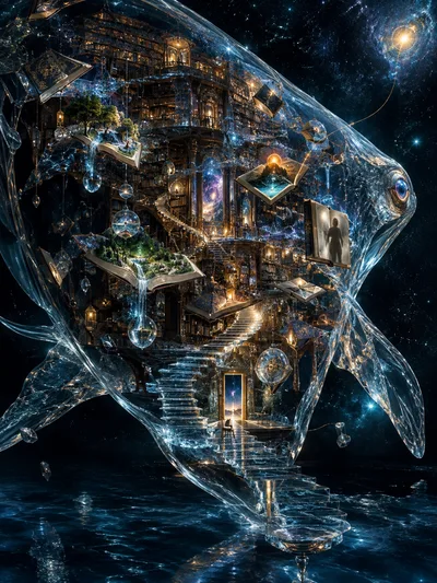 Surreal Cosmic Library Inside A Transparent Whale