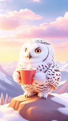 Cute Snowy Owl Holding A Steaming Mug