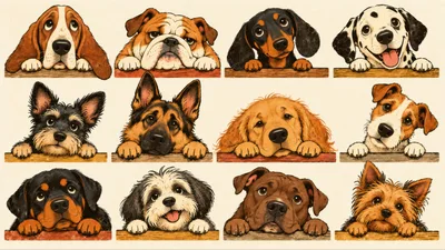 Collection of Twelve Cute Dog Breeds Peeking Over Ledge
