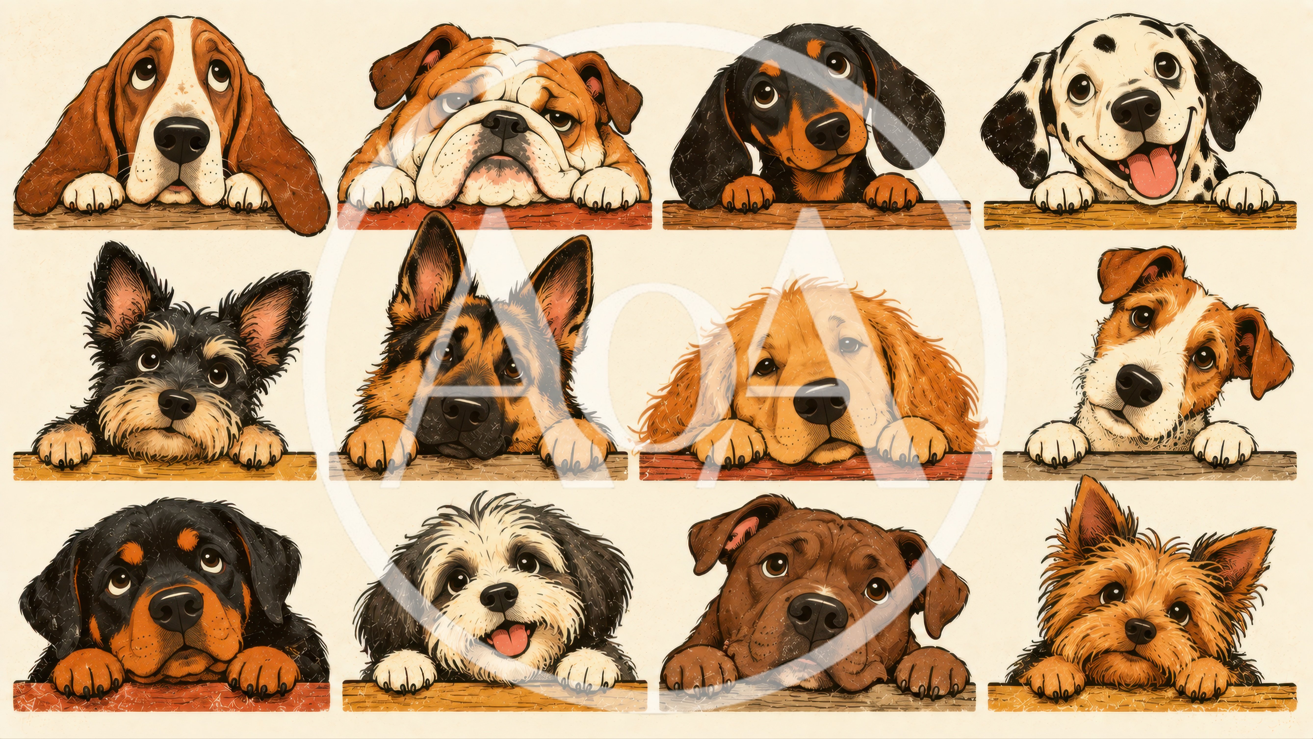 Collection of Twelve Cute Dog Breeds Peeking Over Ledge