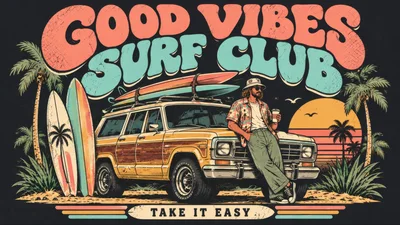 Vintage Surf Club Illustration With Woody Station Wagon