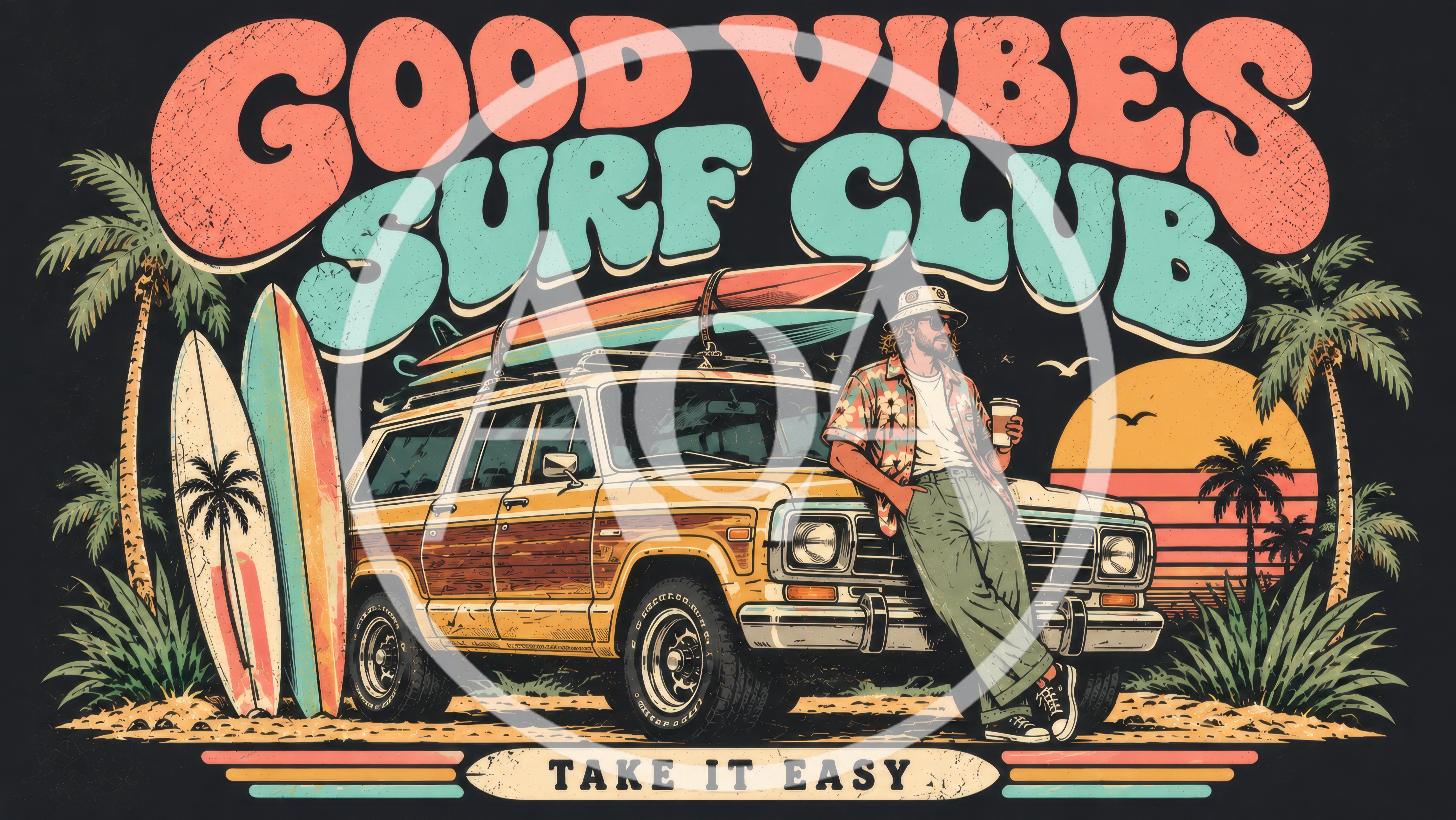 Vintage Surf Club Illustration With Woody Station Wagon