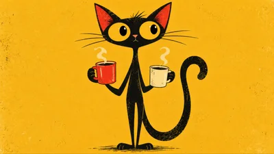 Cartoon Black Cat Holding Two Coffee Mugs