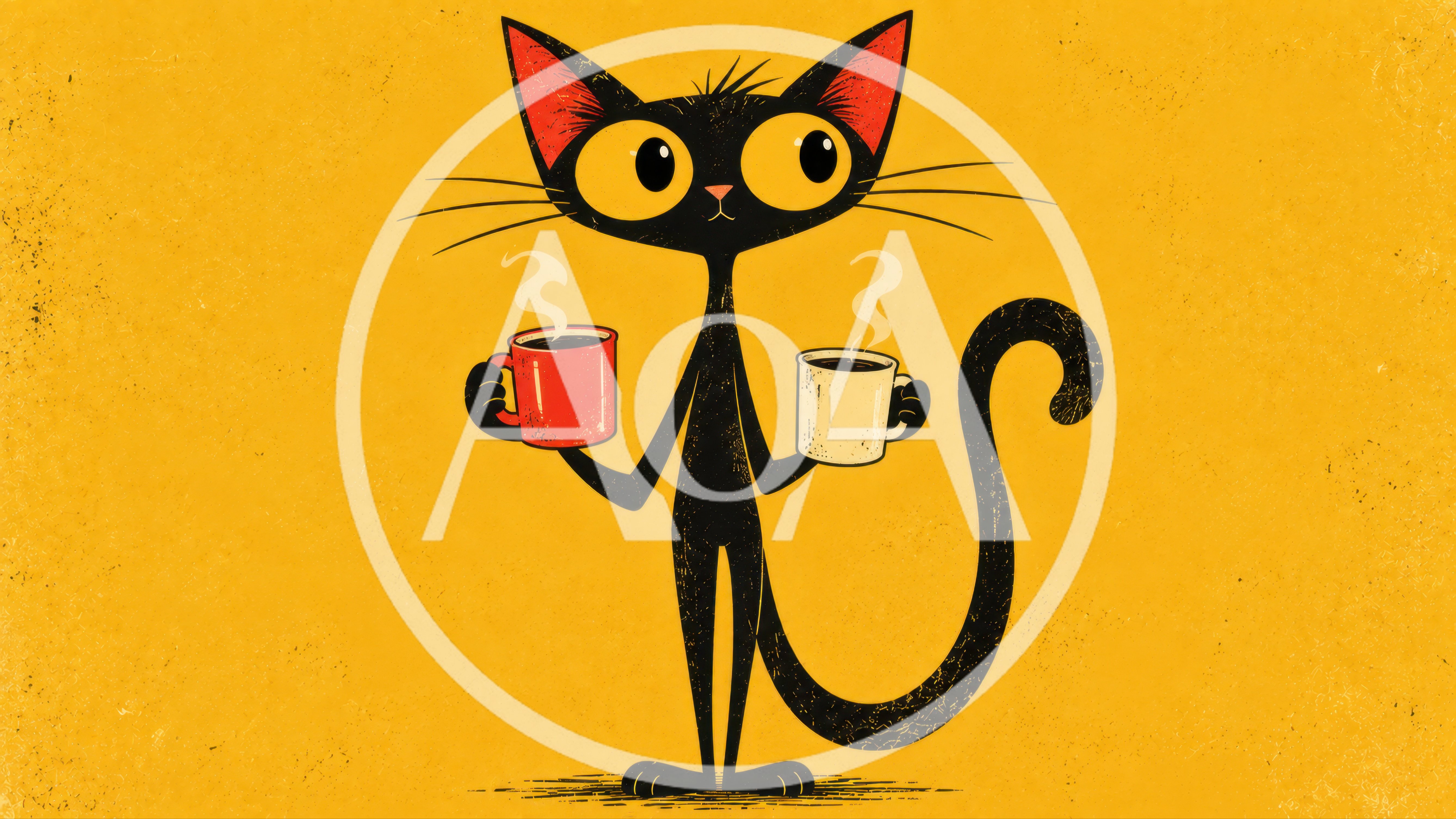 Cartoon Black Cat Holding Two Coffee Mugs