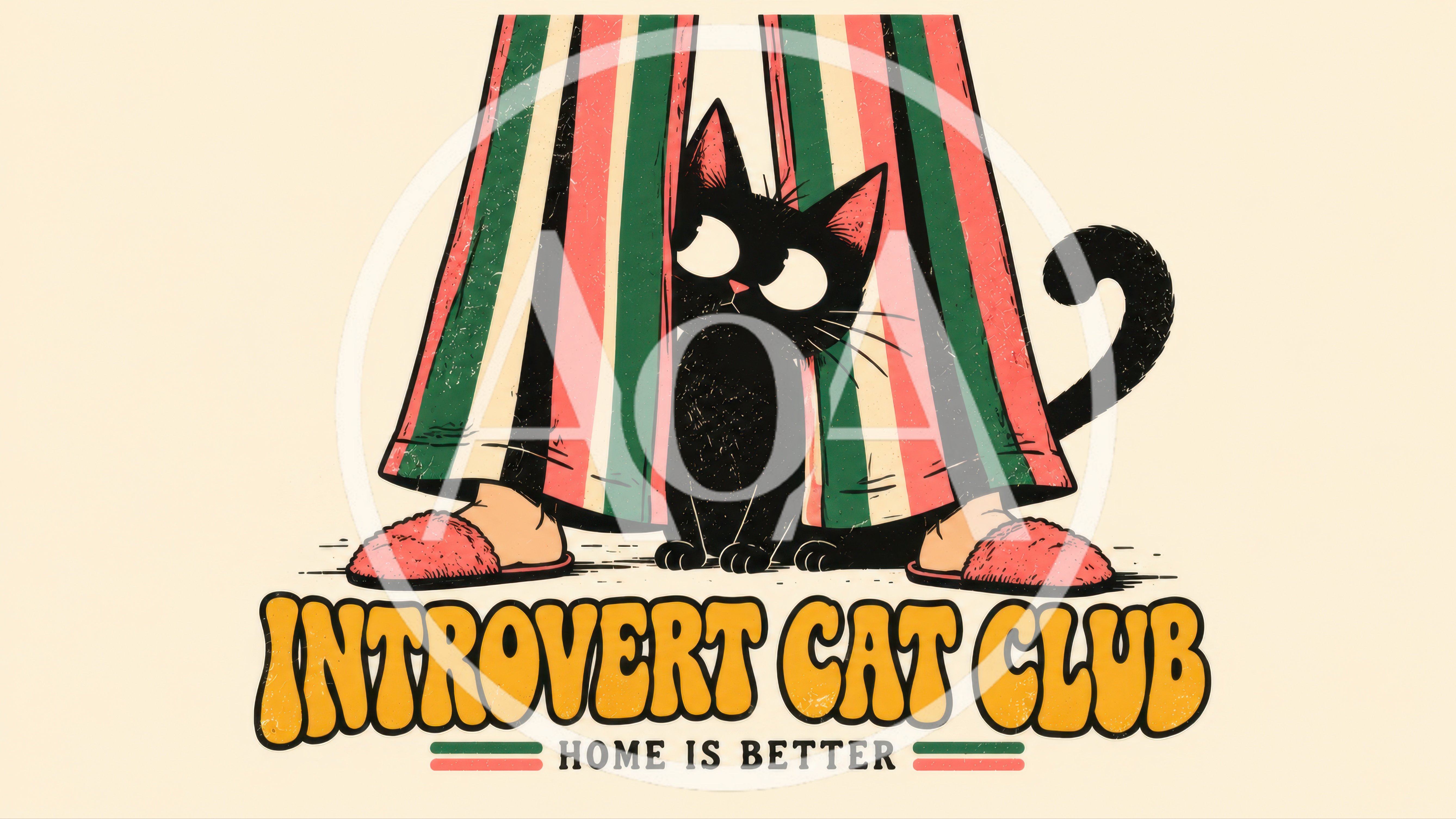 Introvert Cat Club Illustration With Person In Pajamas