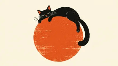 Black Cat Sleeping On A Large Orange Circle