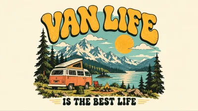Vintage Van Life Camping Illustration With Mountain Landscape