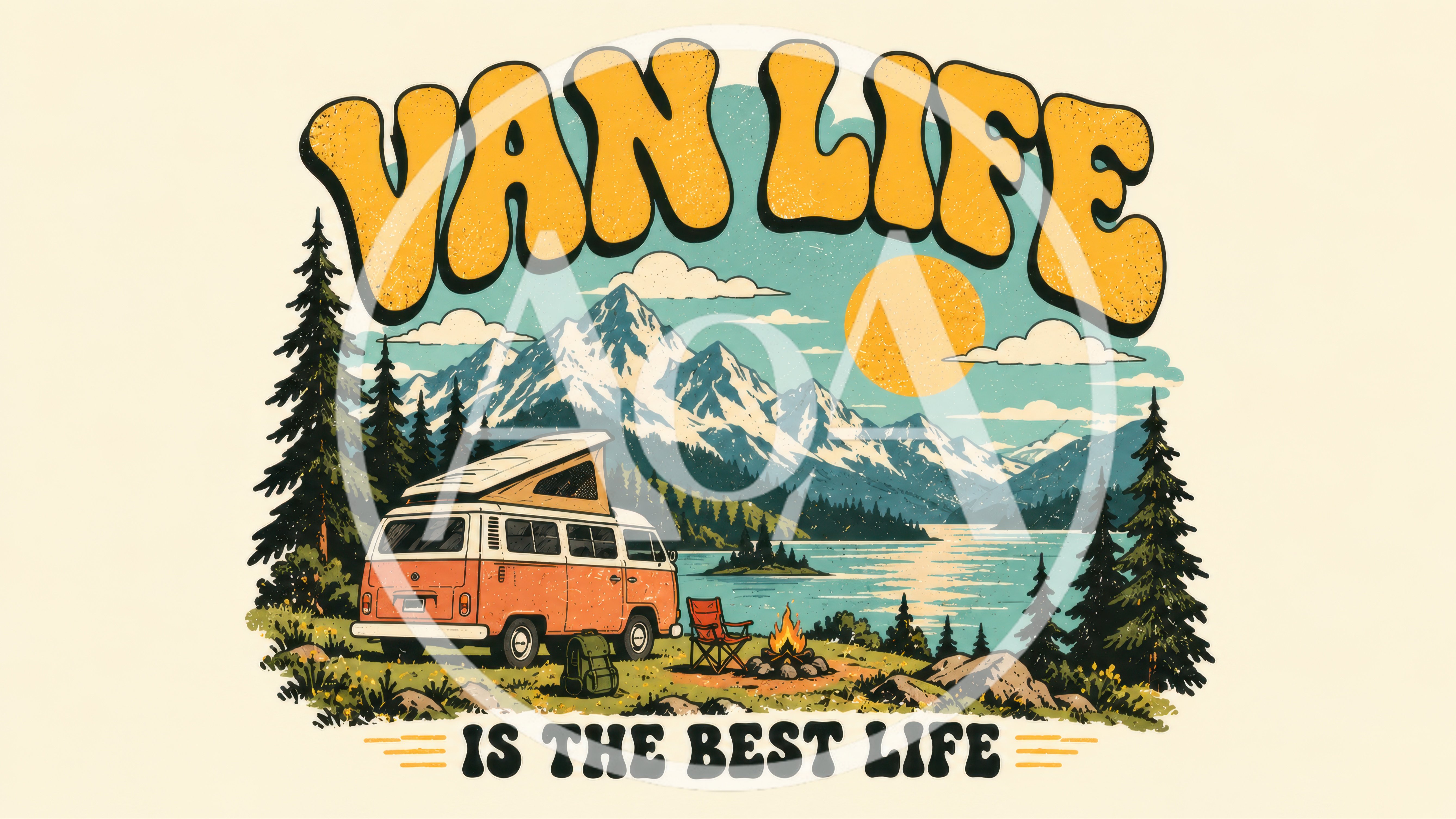 Vintage Van Life Camping Illustration With Mountain Landscape