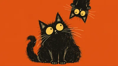 Two Whimsical Black Cats On Orange Background