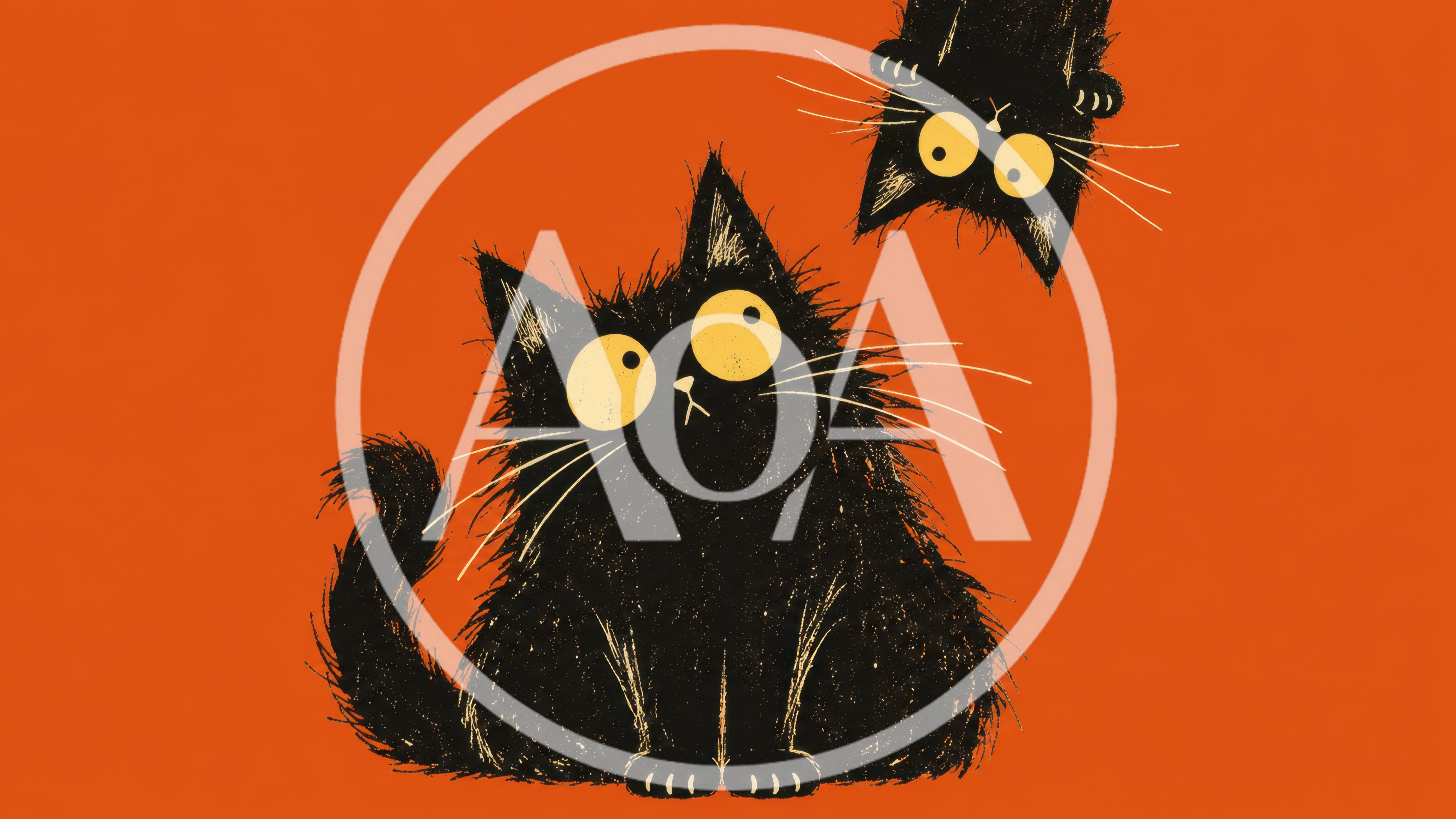 Two Whimsical Black Cats On Orange Background