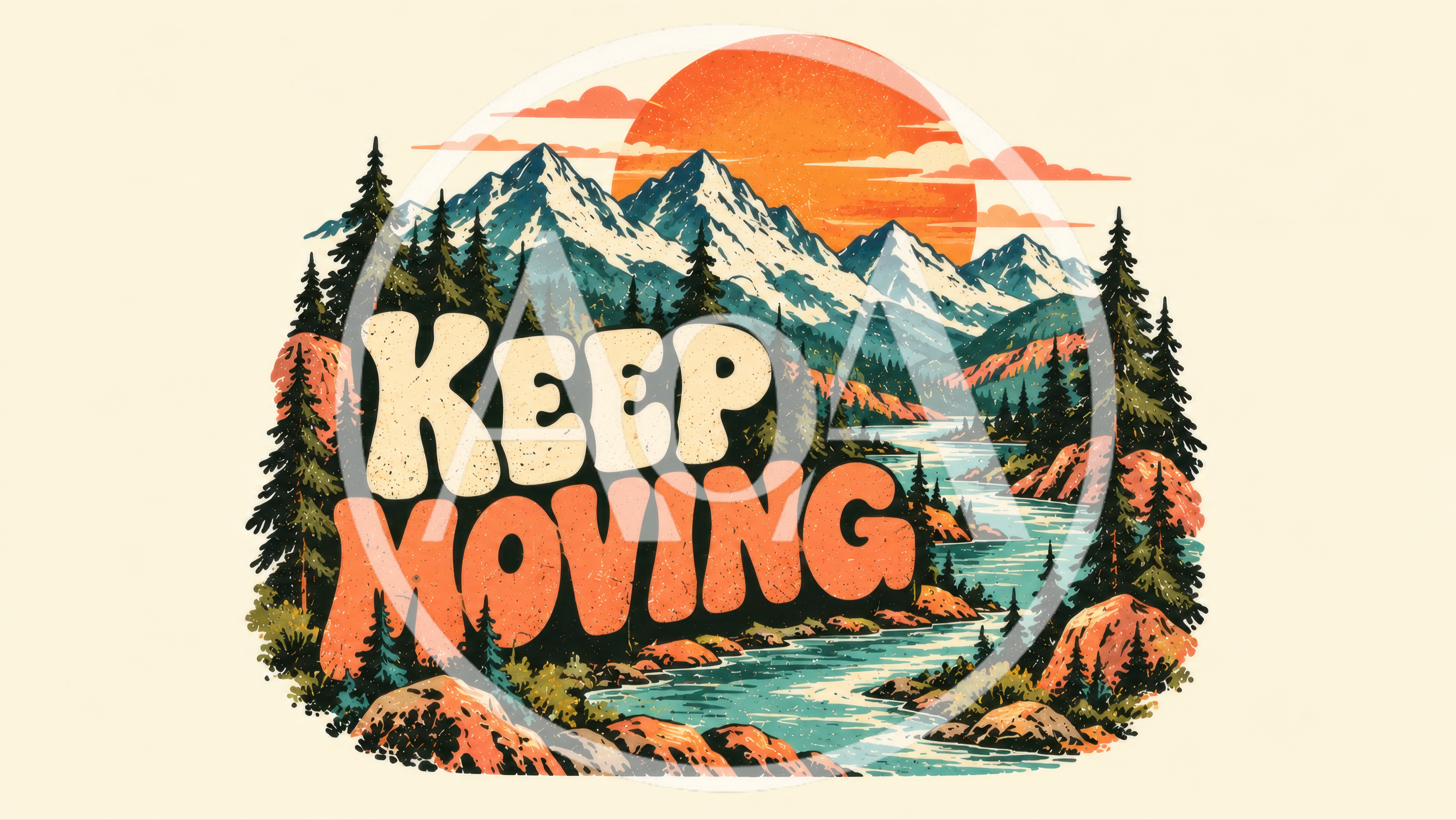 Vintage Style Mountain Landscape Illustration With Keep Moving Text