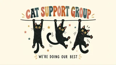Three Cute Black Cats Hanging From A Wire