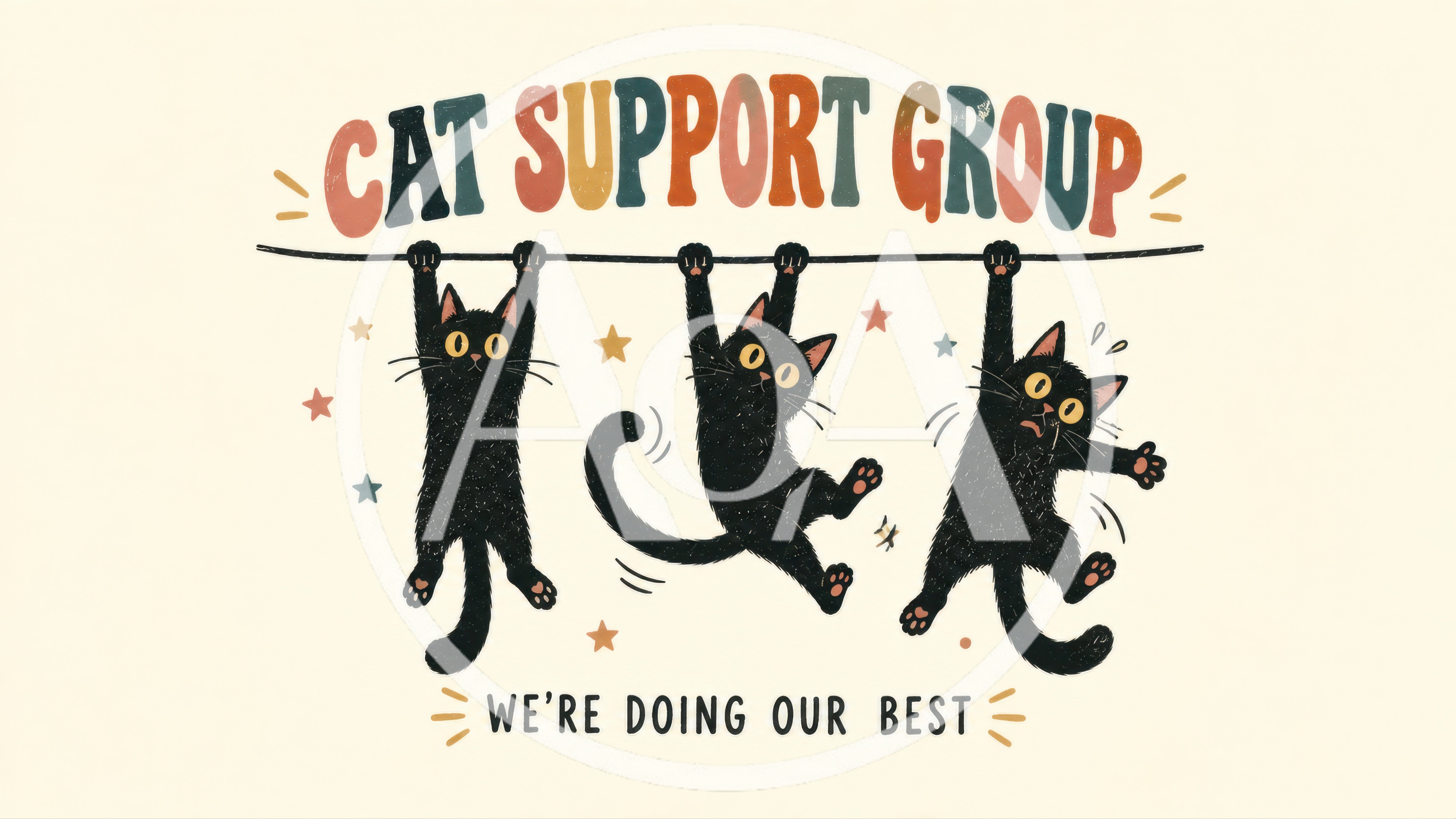 Three Cute Black Cats Hanging From A Wire
