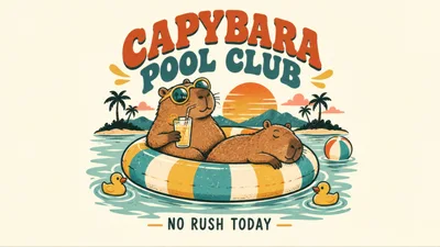 Capybara Pool Club Illustration With Relaxing Capybaras