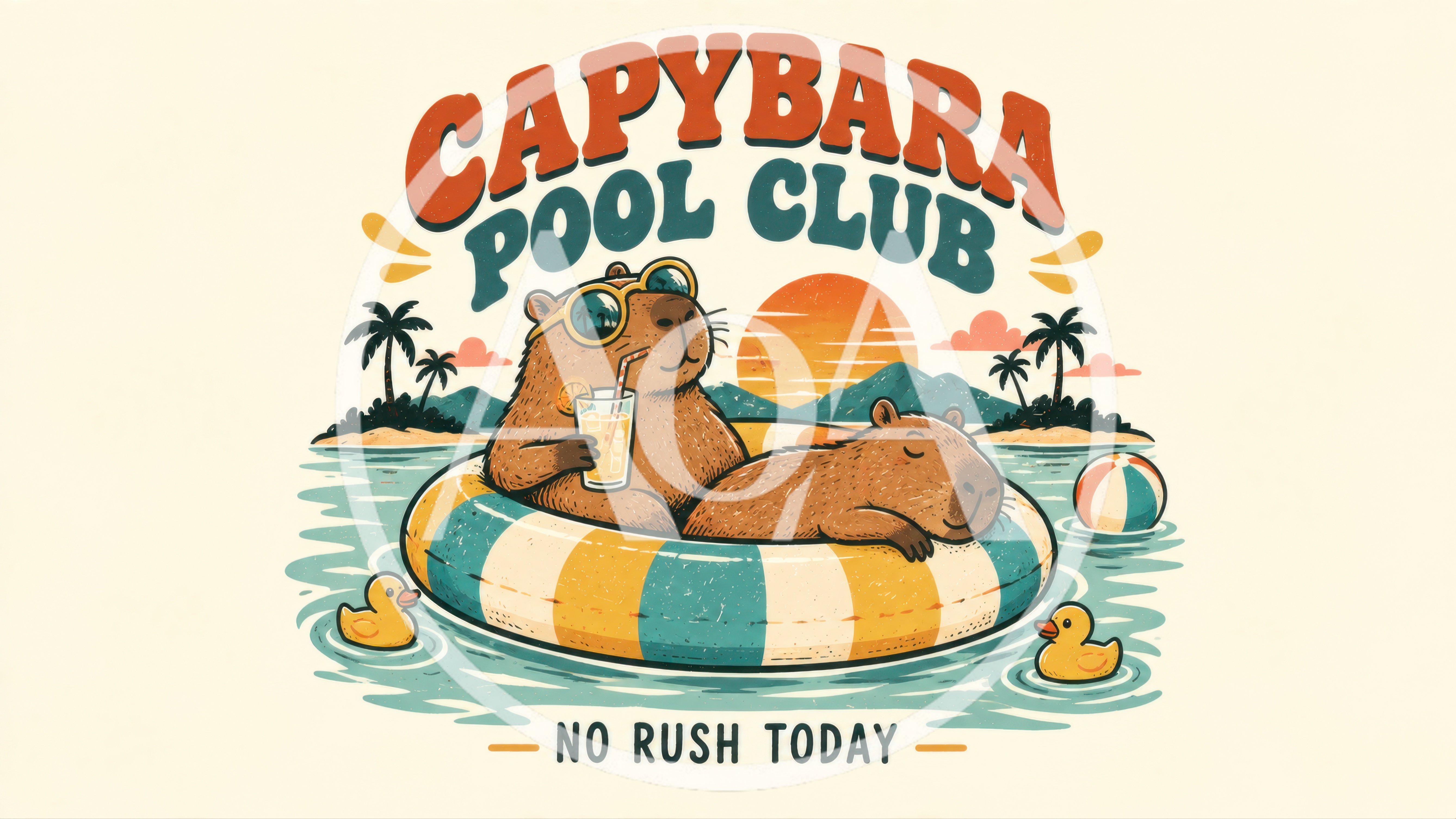 Capybara Pool Club Illustration With Relaxing Capybaras