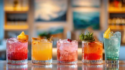 Five Colorful Cocktails Lined Up On A Bar Counter