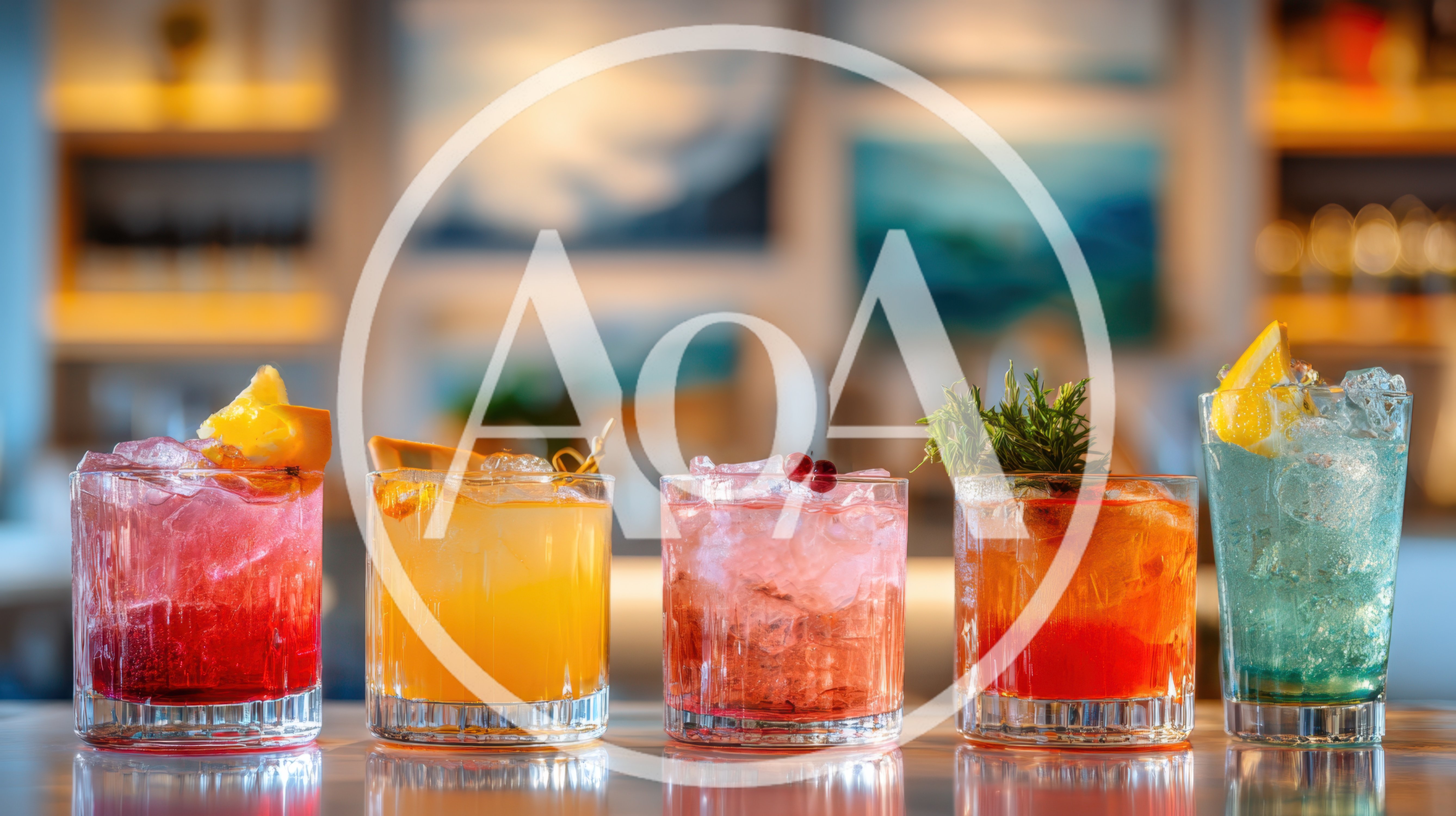 Five Colorful Cocktails Lined Up On A Bar Counter