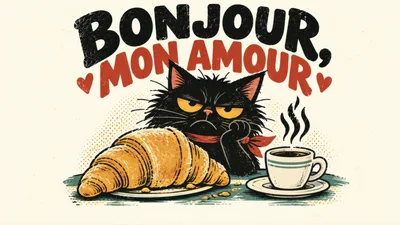 Grumpy Black Cat With Croissant And Coffee Illustration
