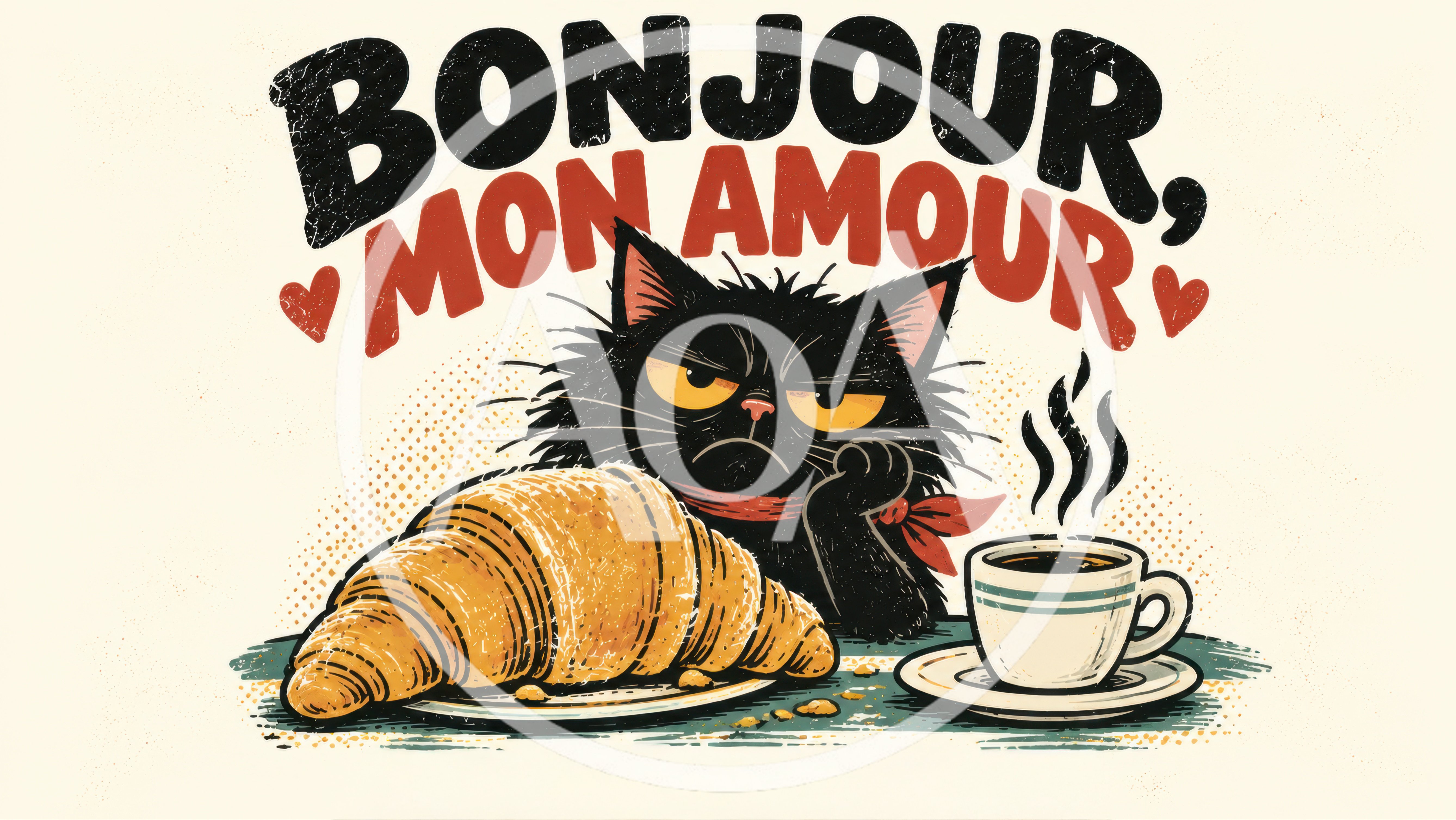 Grumpy Black Cat With Croissant And Coffee Illustration