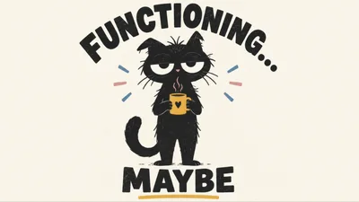 Illustration of a Grumpy Black Cat Holding a Coffee Mug