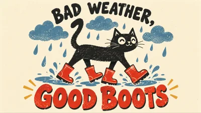Black Cat Wearing Red Rain Boots Illustration