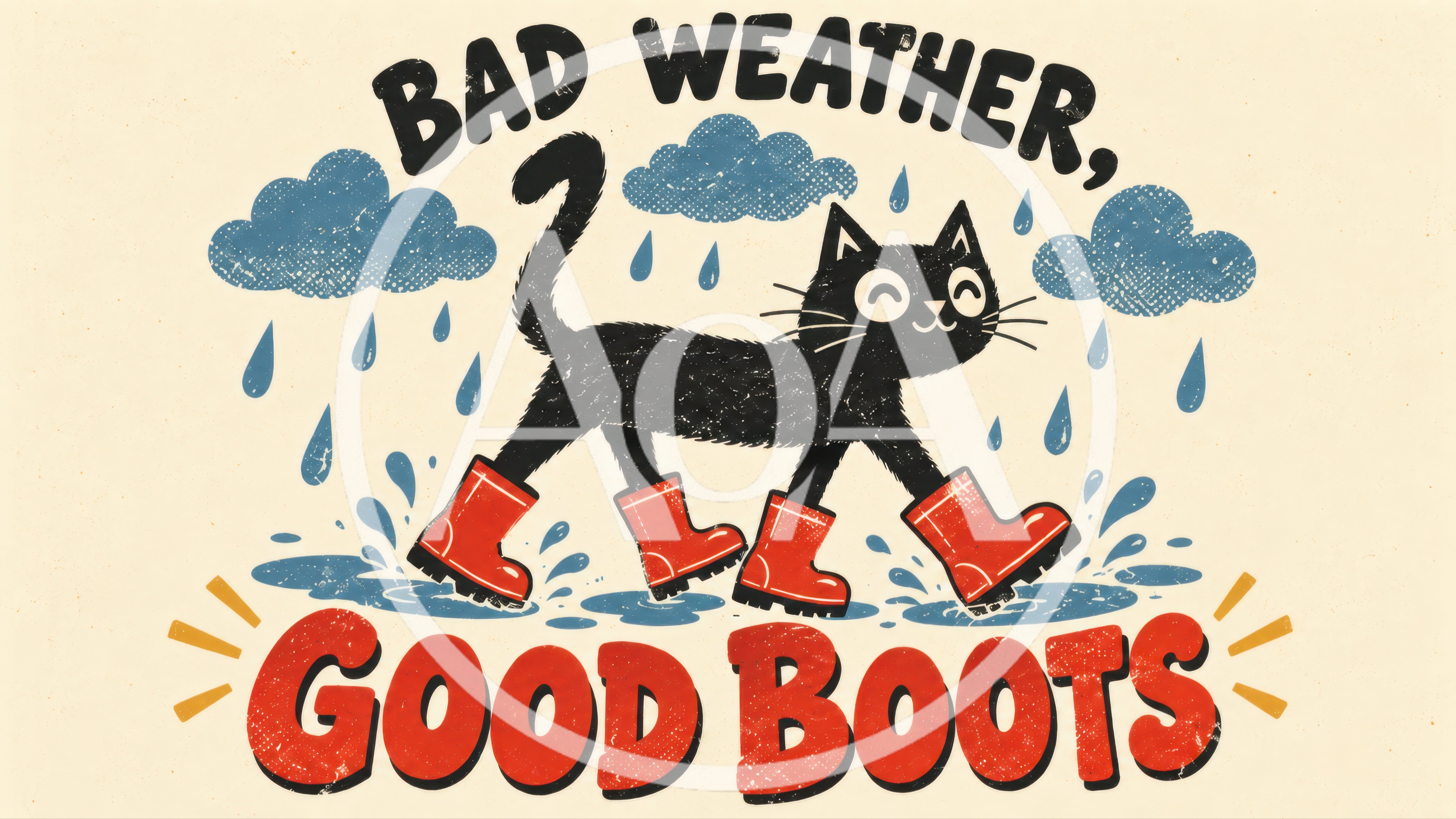 Black Cat Wearing Red Rain Boots Illustration