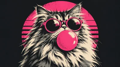 Retro Synthwave Style Illustration Of A Fluffy Cat