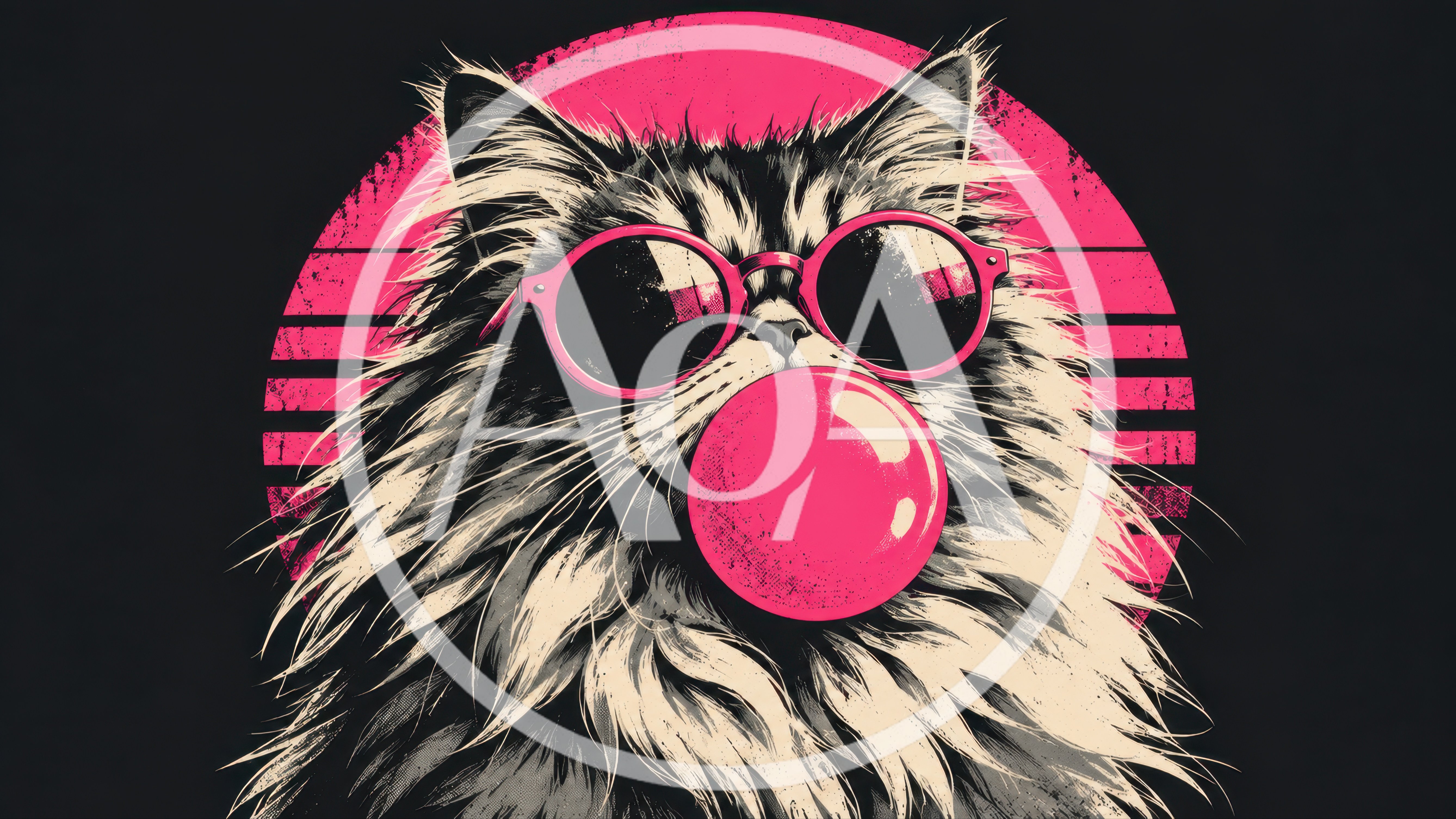 Retro Synthwave Style Illustration Of A Fluffy Cat
