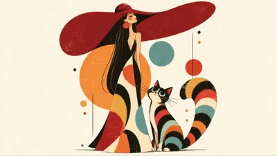 Elegant Woman In Wide Brim Hat With Striped Cat
