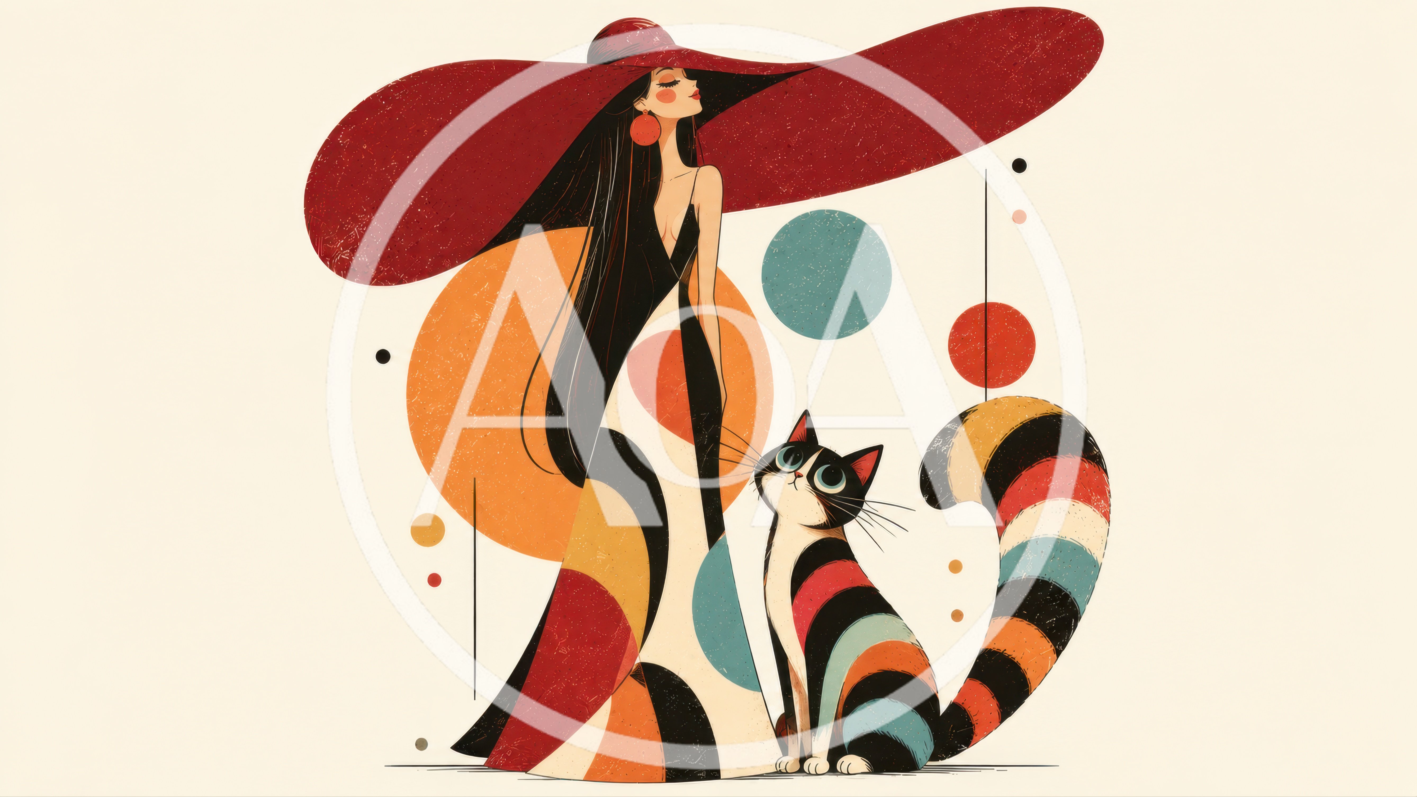 Elegant Woman In Wide Brim Hat With Striped Cat